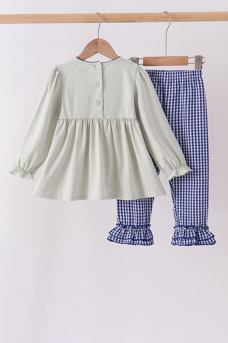 Sage Turkey Embroidery Ruffle Pants Set