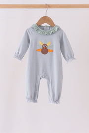 Sage Turkey Embroidery Ruffle Stripe Romper