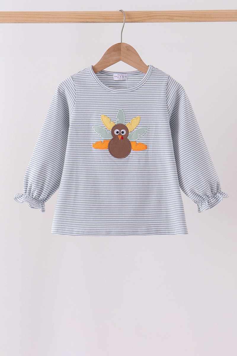 Sage Turkey Embroidery Stripe Top