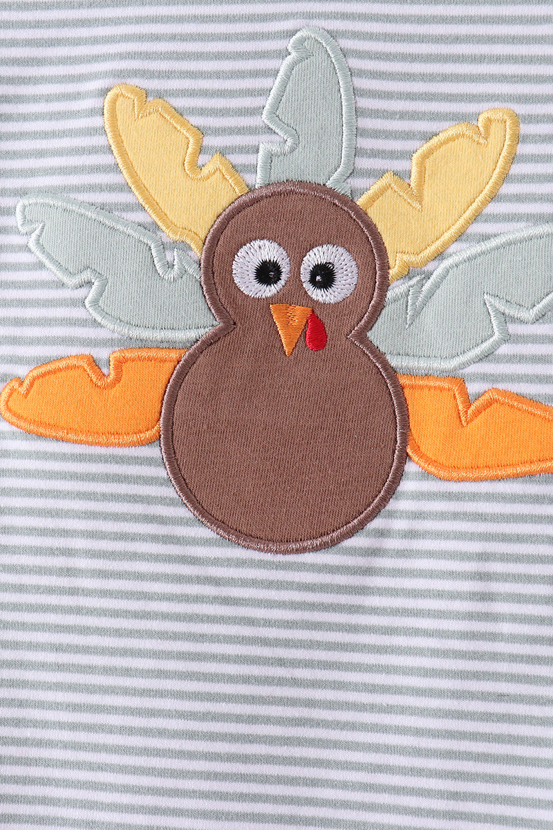 Sage Turkey Embroidery Stripe Top