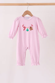 Pink Christmas Tree Gingerbread Embroidery Romper