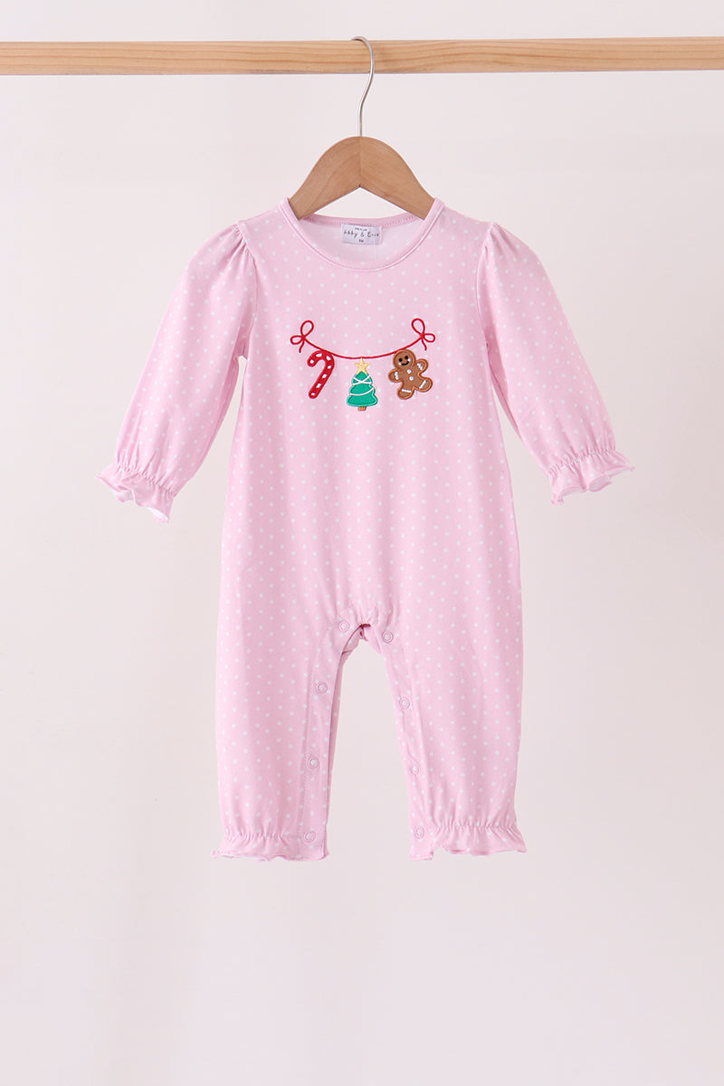 Pink Christmas Tree Gingerbread Embroidery Romper