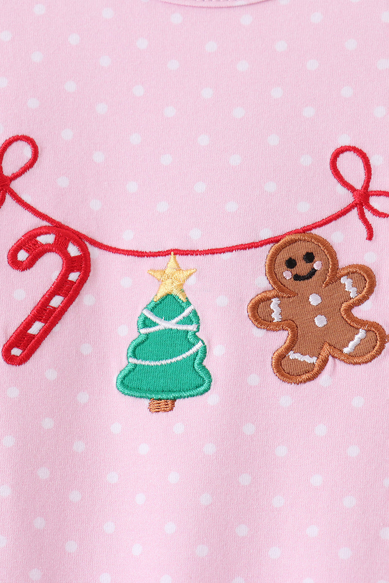 Pink Christmas Tree Gingerbread Embroidery Romper