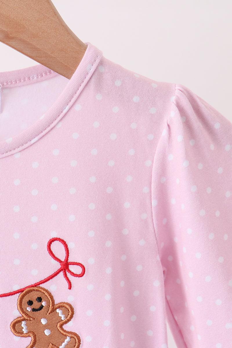 Pink Christmas Tree Gingerbread Embroidery Romper