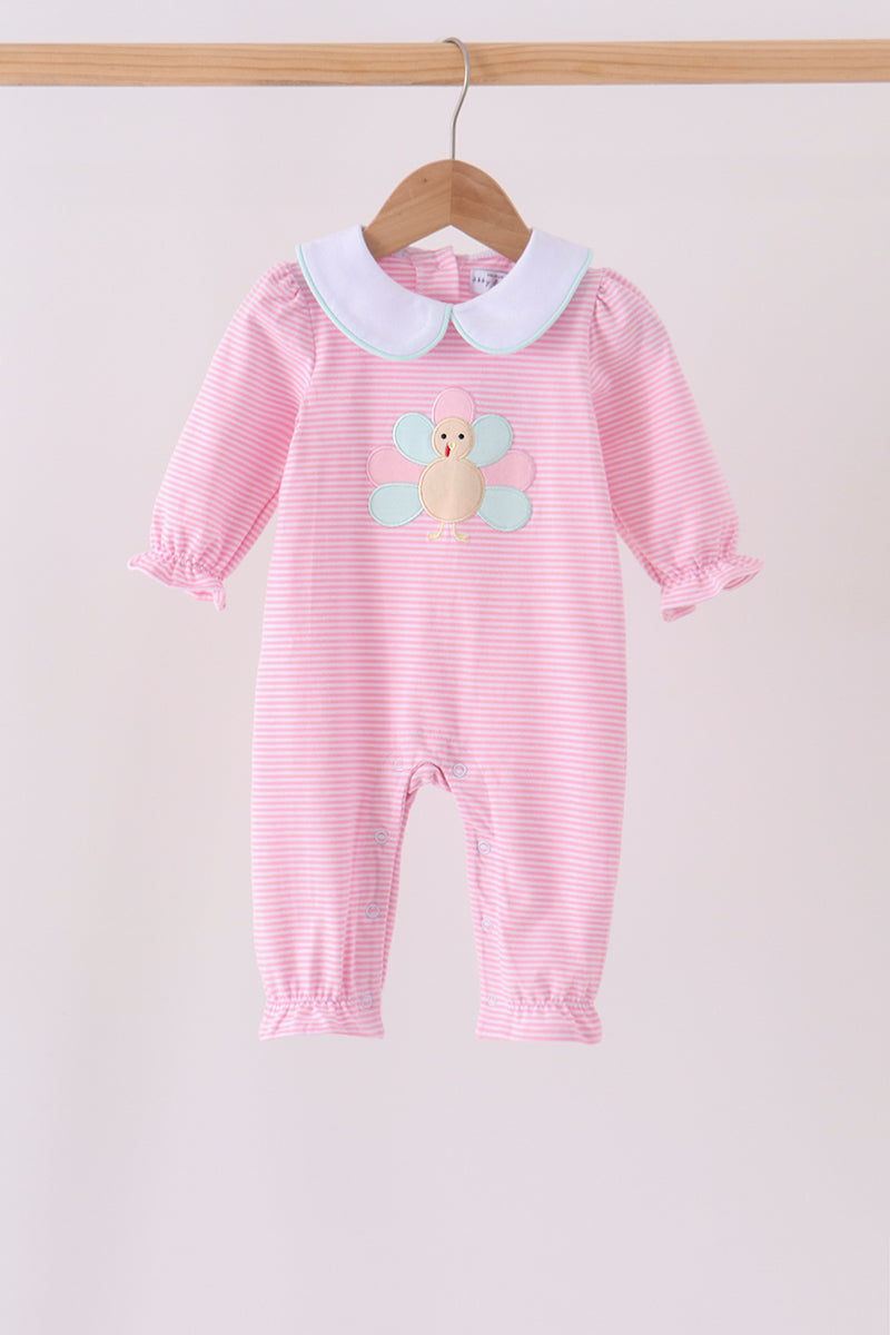 Pink Turkey Embroidery Stripe Romper