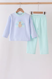 Blue Turkey Embroidery Stripe Pants Set