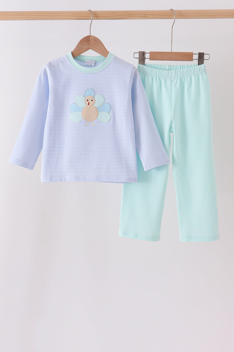 Blue Turkey Embroidery Stripe Pants Set