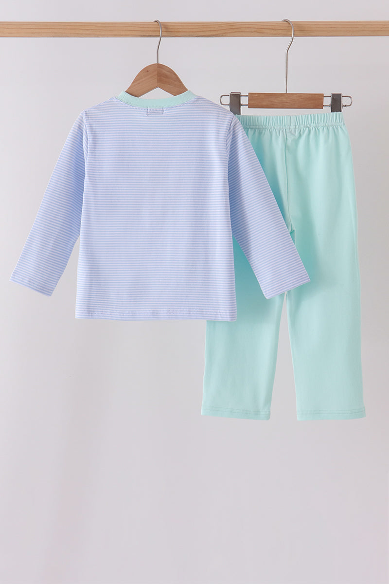 Blue Turkey Embroidery Stripe Pants Set