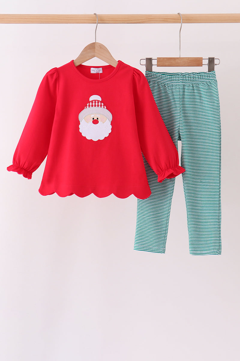 Red Christmas Santa Embroidery Scalloped Pants Set