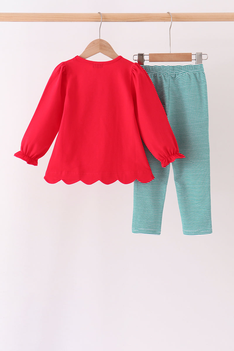 Red Christmas Santa Embroidery Scalloped Pants Set