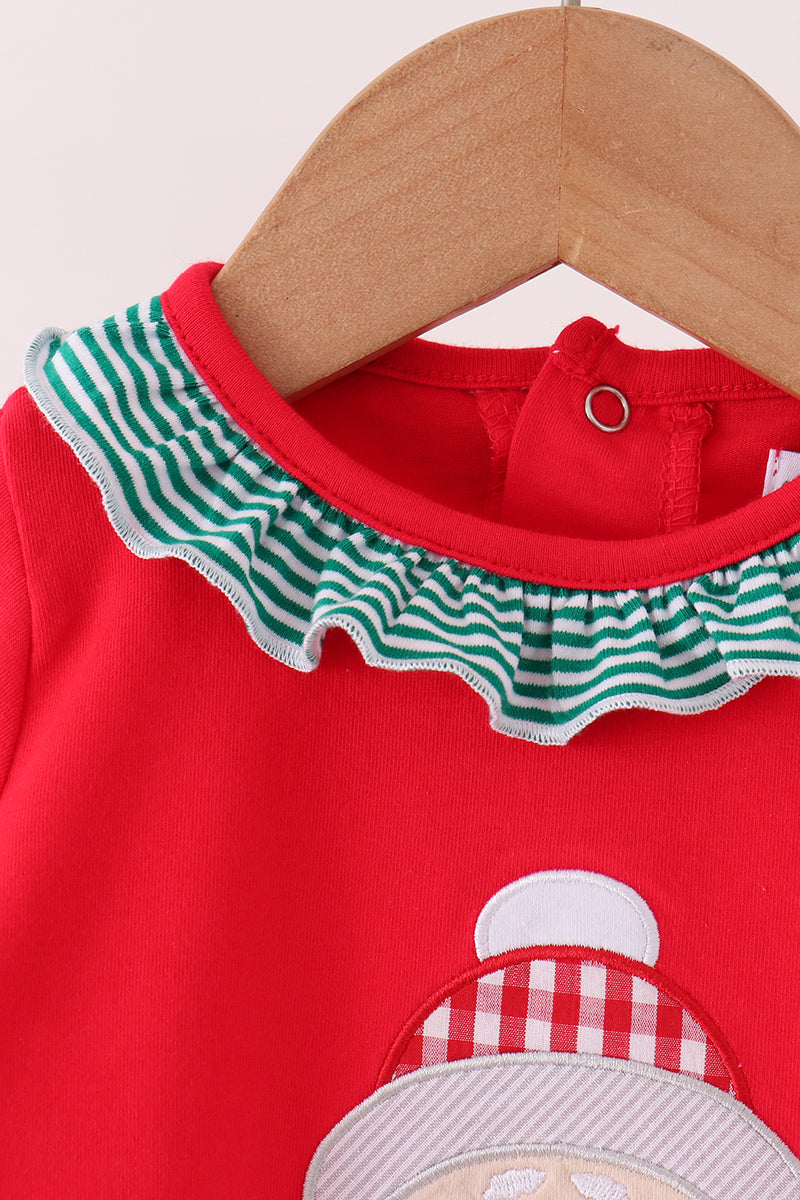 Red Christmas Santa Embroidery Ruffle Romper