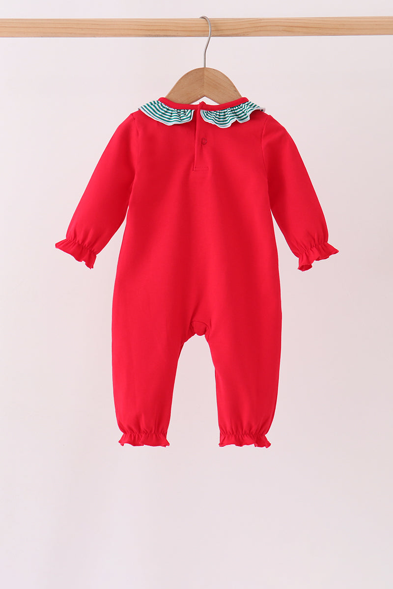 Red Christmas Santa Embroidery Ruffle Romper
