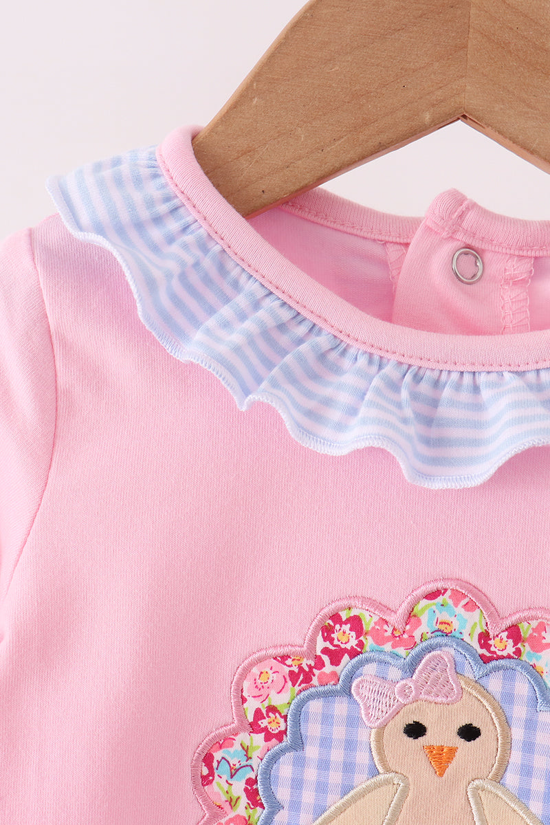 Pink Turkey Embroidery Ruffle Romper