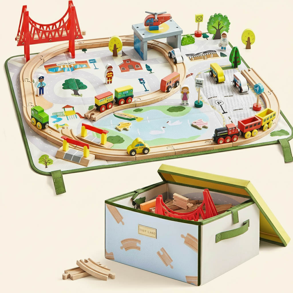 ® 110-piece Wooden Train Set With Folding Storage Box