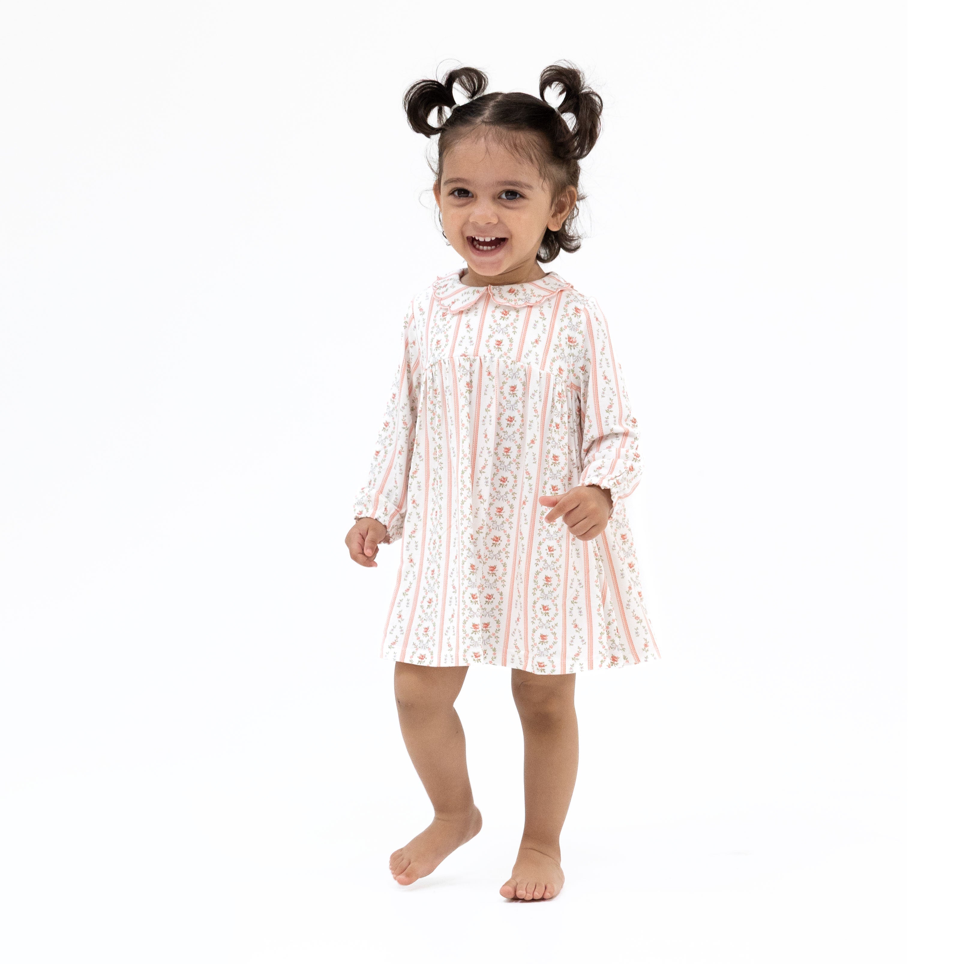 Marnie Rosebud Stripe - Long Sleeve Petal Collar Dress And Bloomer