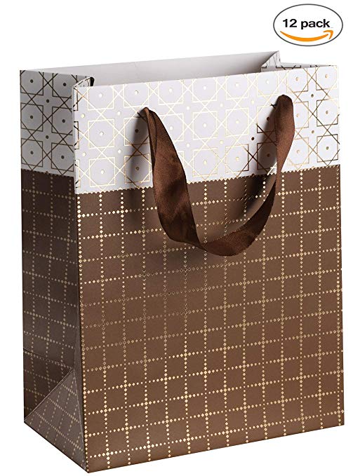 Small Box Design Foil Stamped 9"x 7"x 4" Brown Gift Bags Set 24 Pack