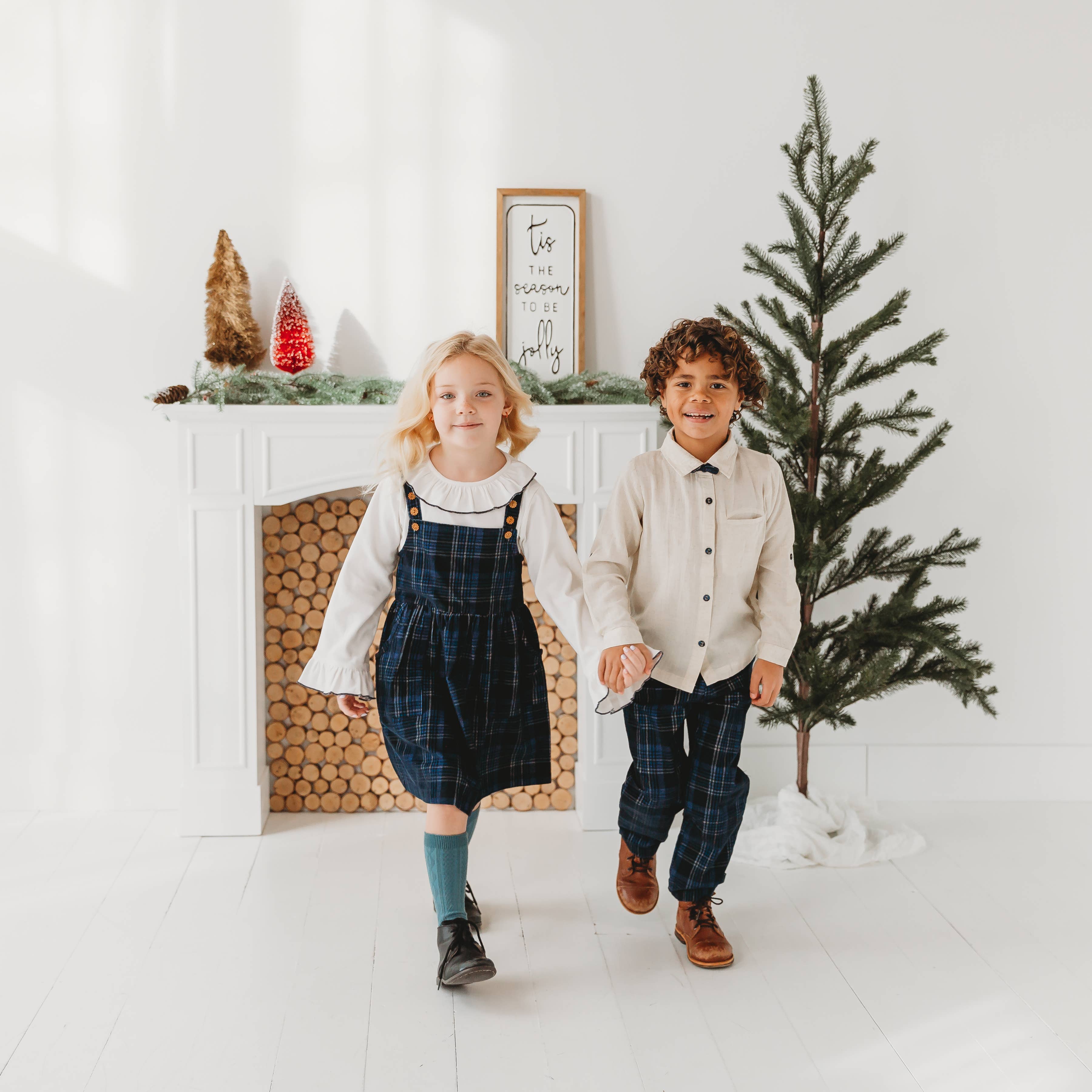 Boys Blue Plaid Cord Set, With Linen Shirt With Bow