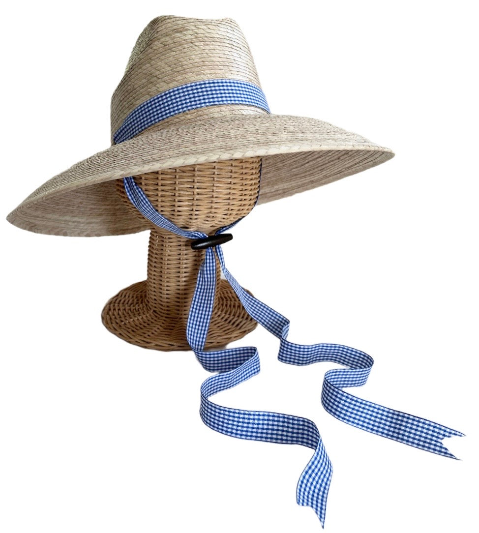 Hollyhock Sun Hat - Long & Thin Blue Gingham Ribbon With Wood Nautical Toggle