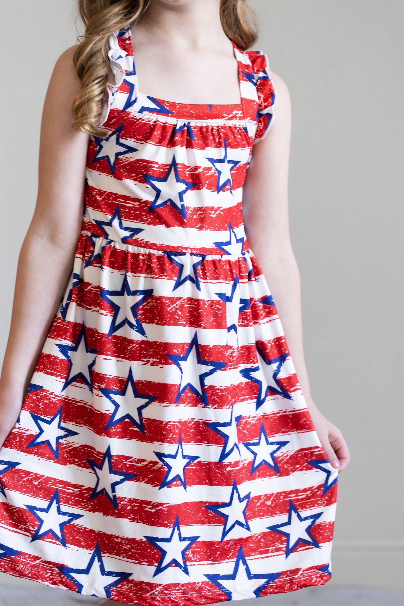 Stars & Stripes Ruffle Cross Back Dress