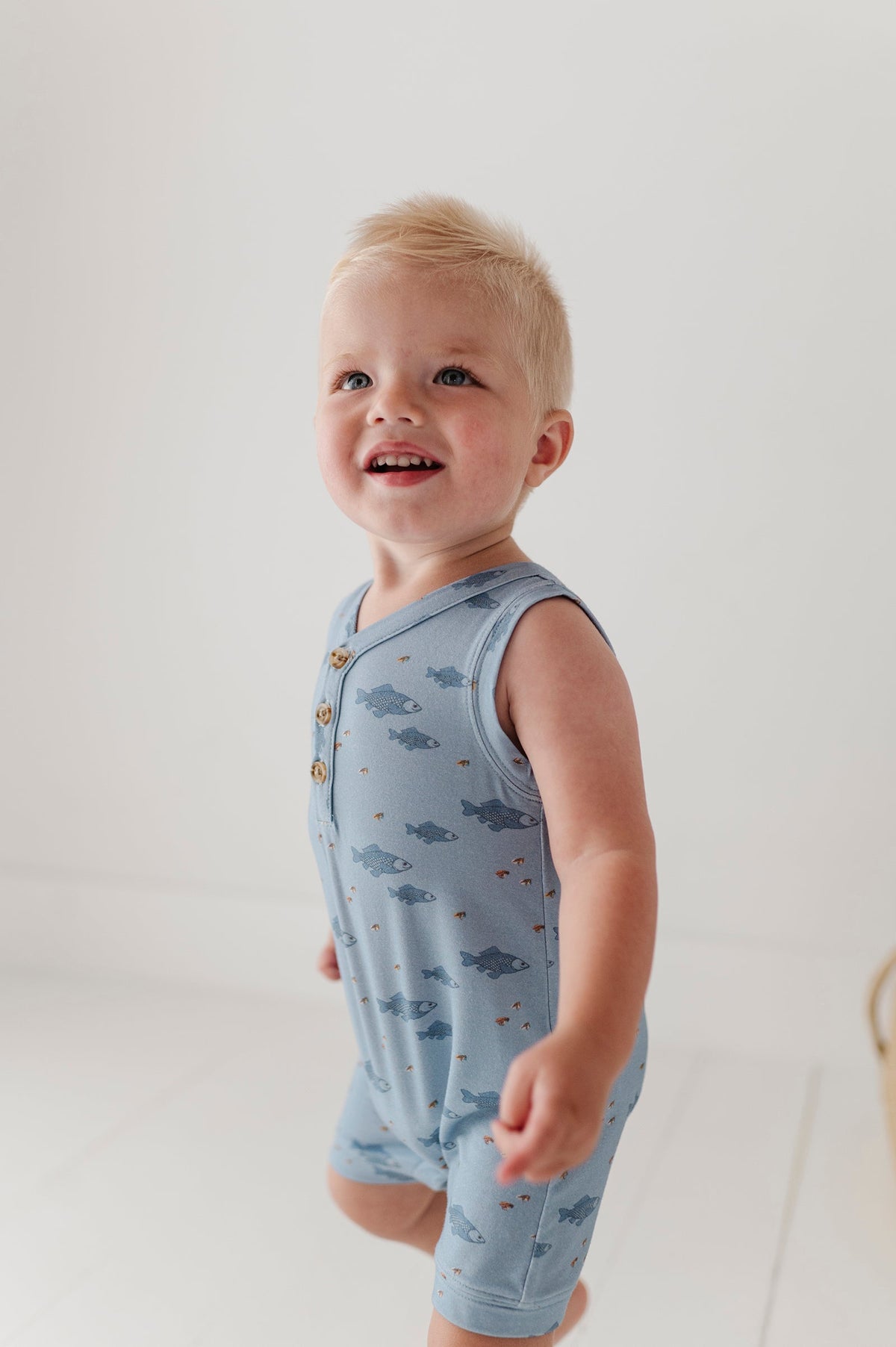 Baby Boy Sleeveless Romper In Fish