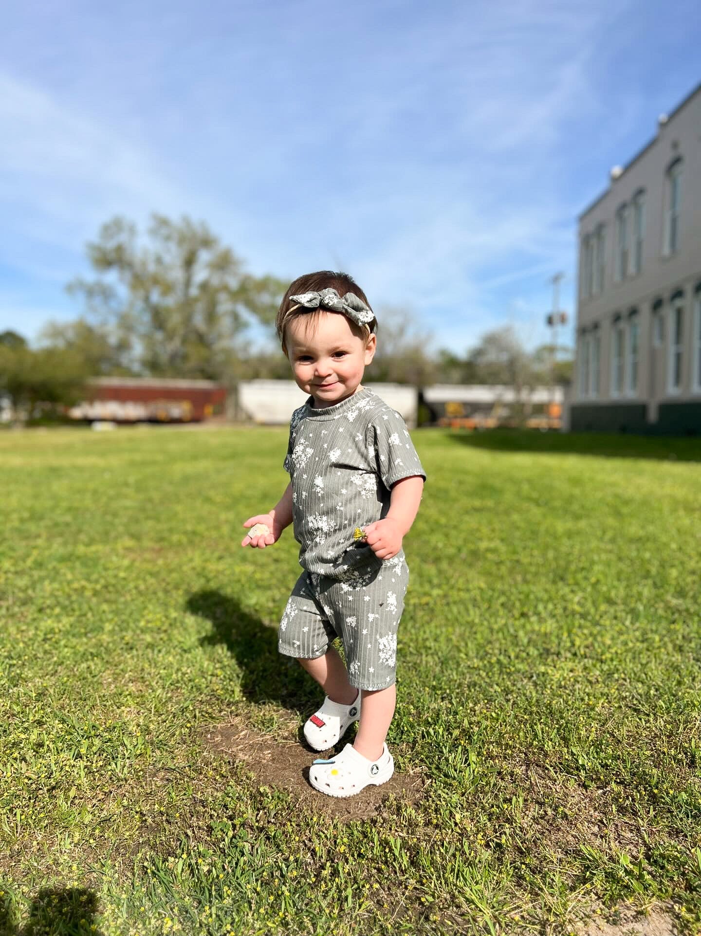 Minimal Floral Olive Ribbed Biker Shorts Lounge Set