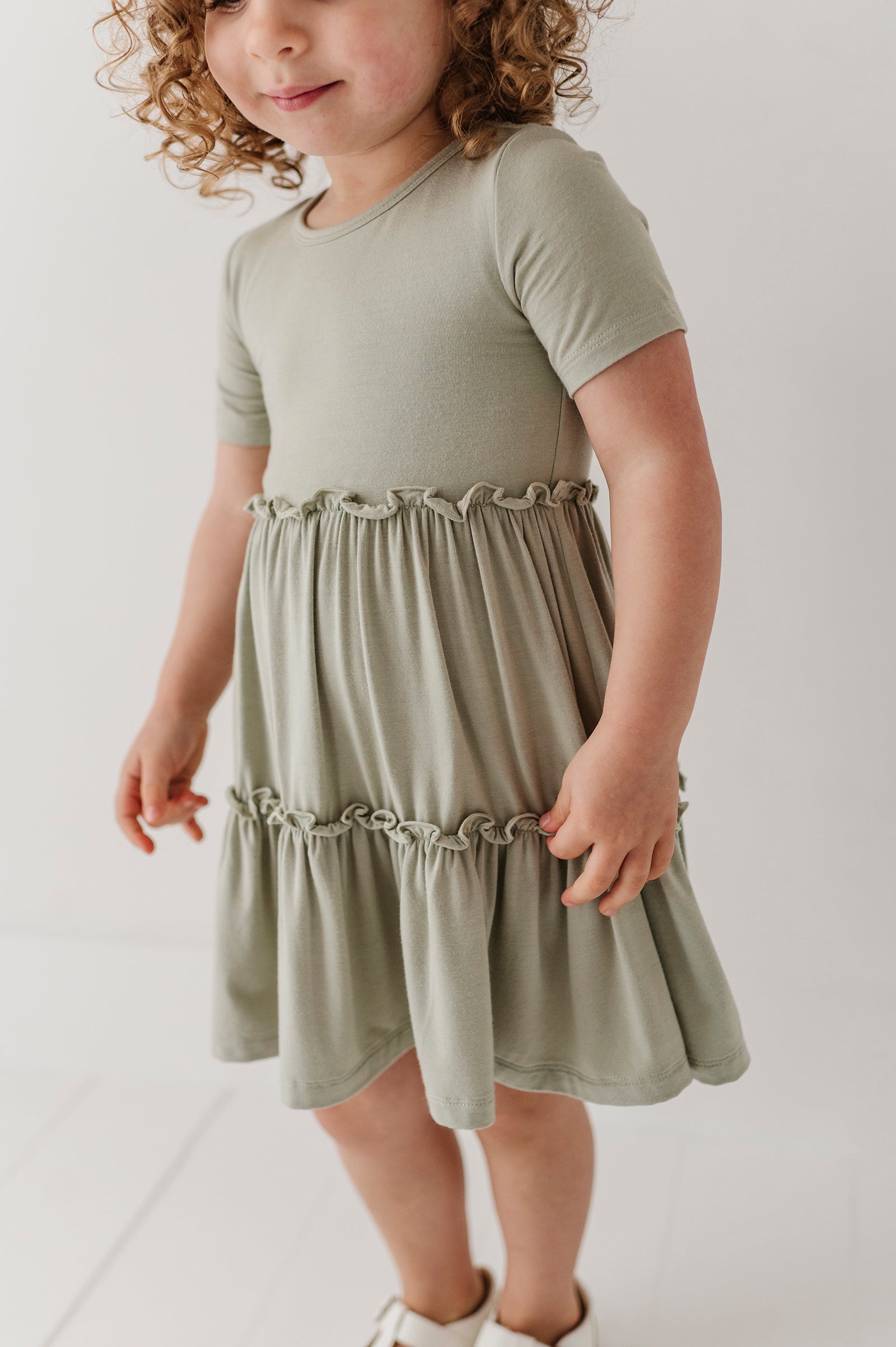 Girls Short Sleeve Double Tiered Dress In Sage