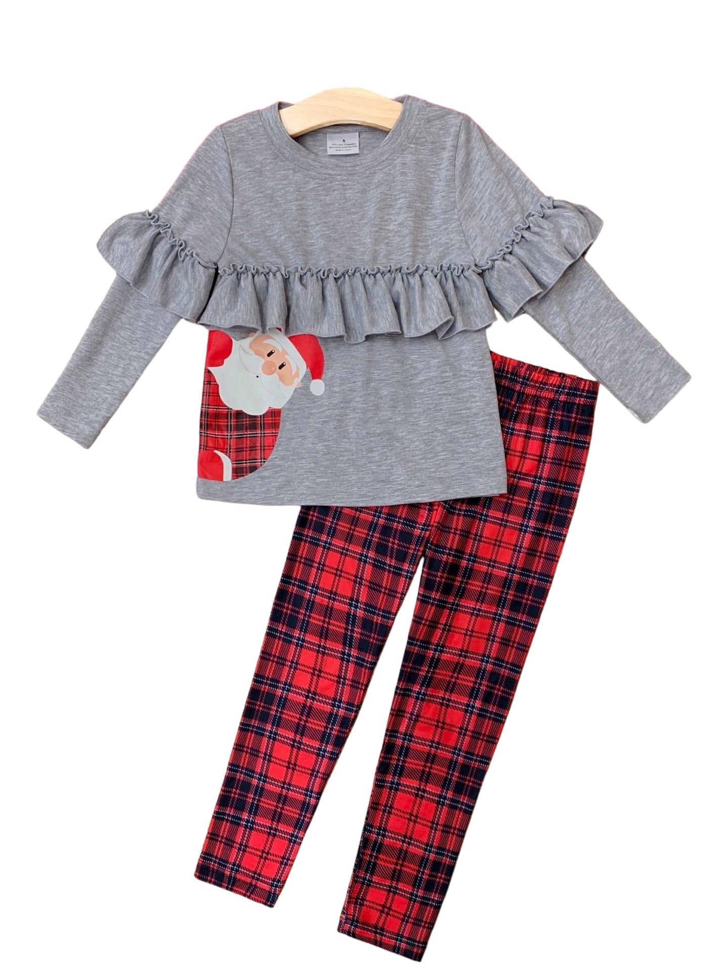 Peekaboo! Santa Is Here! Top And Plaid Legging Set