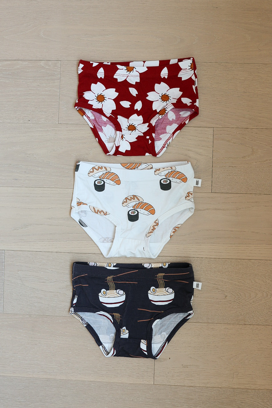 Girl's Bamboo Briefs (3 Pack) | Cherry Blossoms, Ramen & Sushi