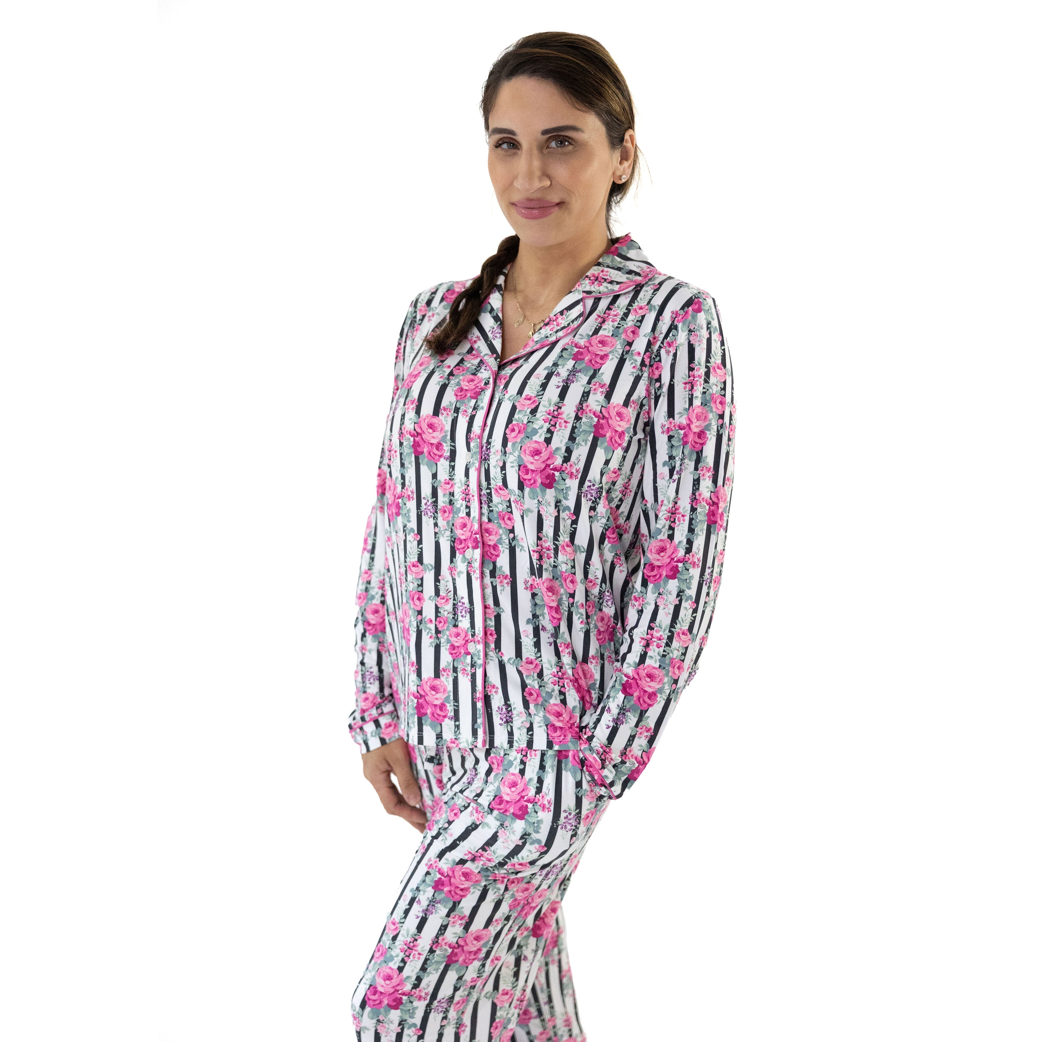 Cabbage Rose Stripe - Adult Long Sleeve Coat Style And Pant With Pockets