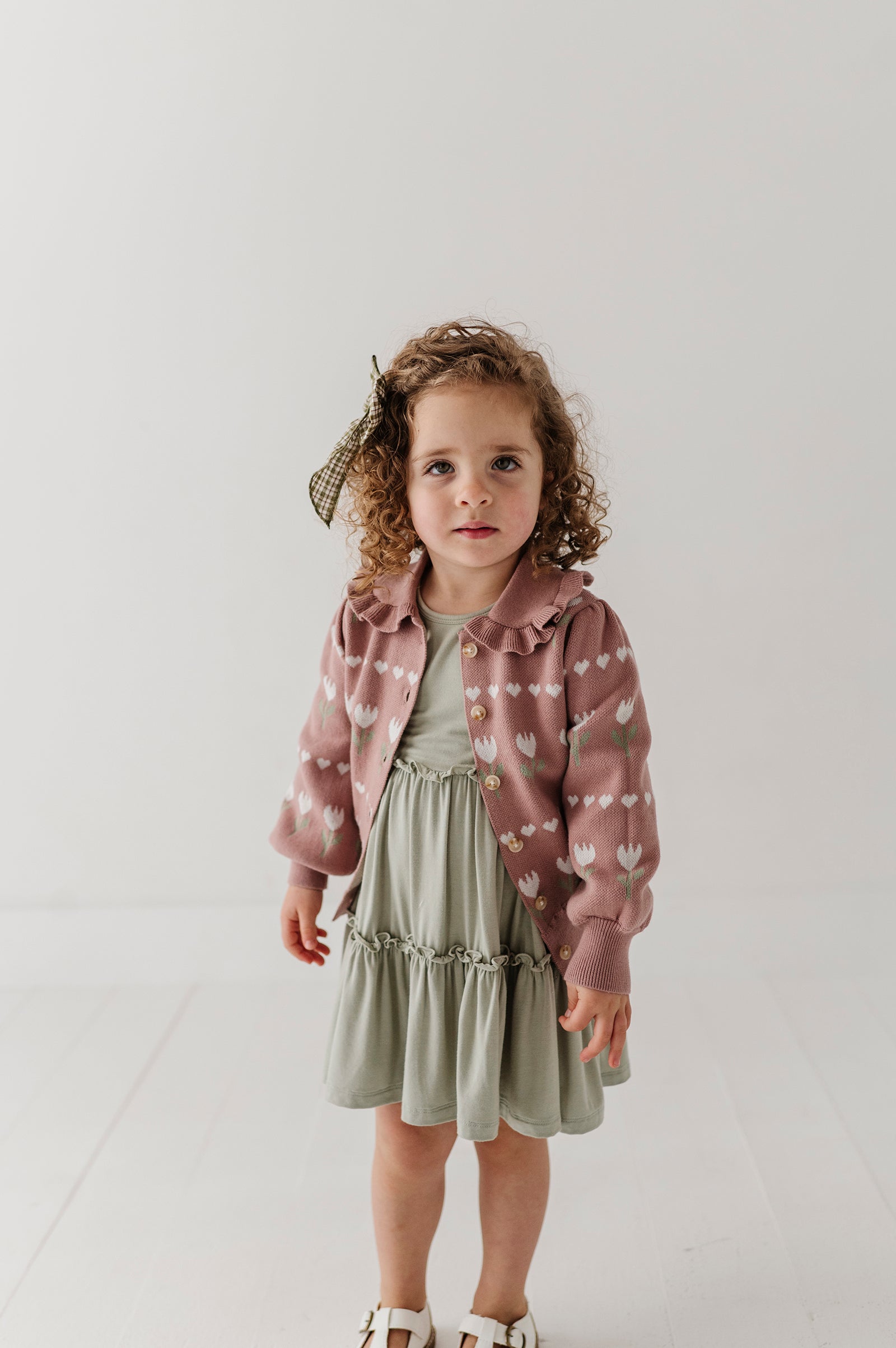 Girls Floral Knit Cardigan In Tulip Heart Intarsia