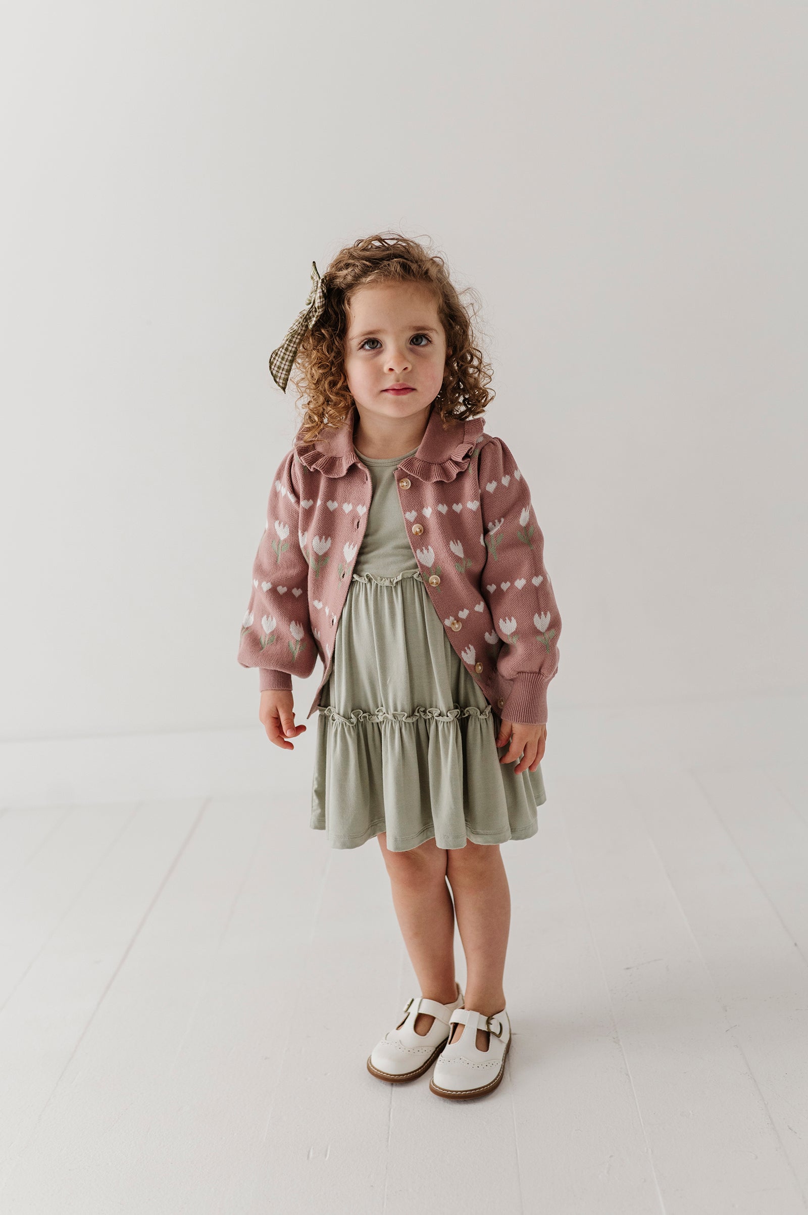 Girls Floral Knit Cardigan In Tulip Heart Intarsia