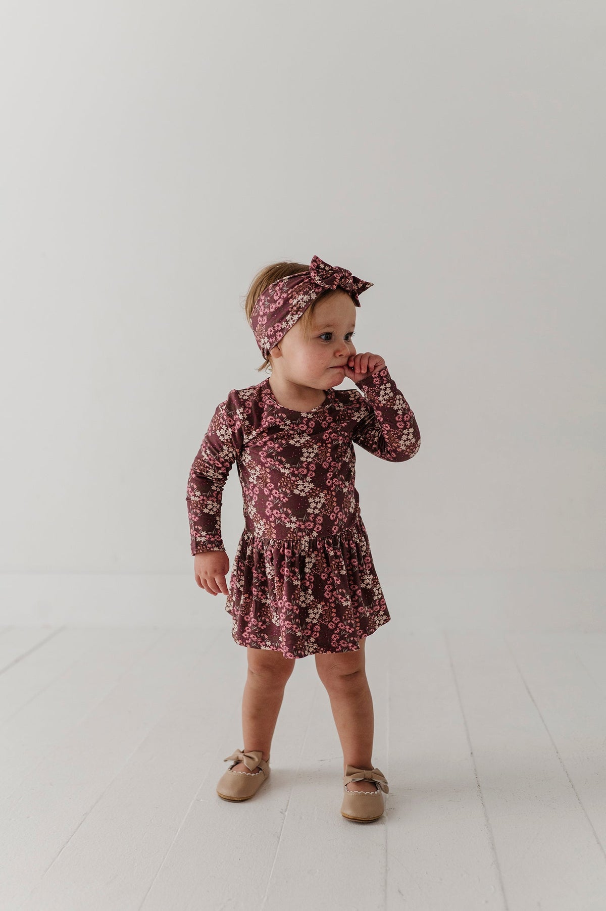 Baby Girl Long Sleeve Bodysuit Dress Set In Cluster Garden Floral
