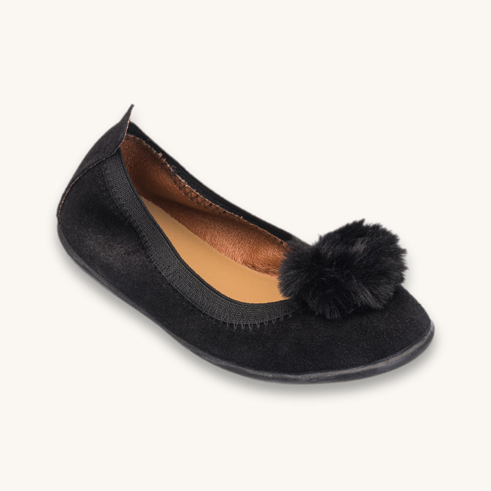 Suede Pom Pom Ballerina Black