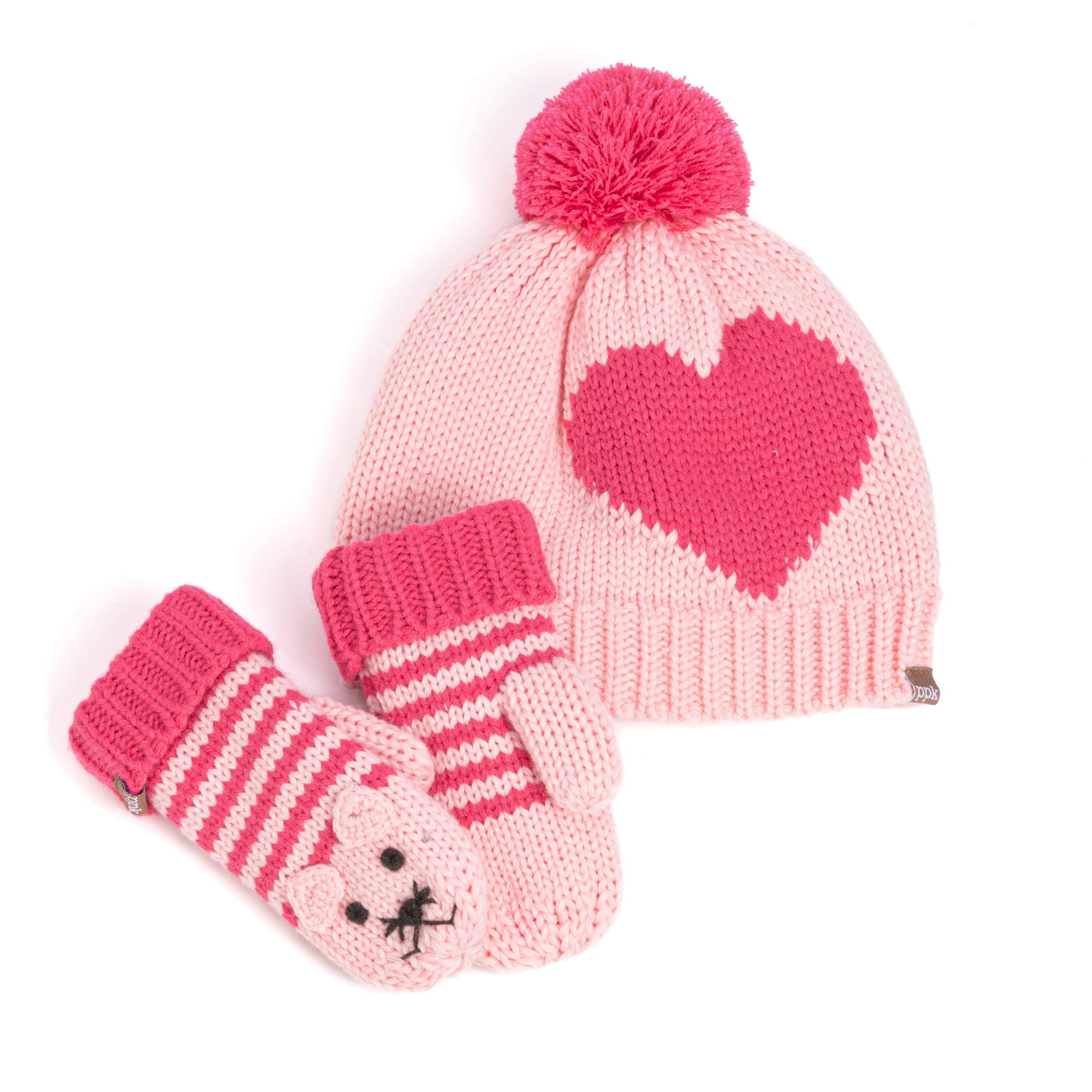 Heart Design Winter Hat Set With Cute Animal Mittens For Girls 1-6 Years, Fleece-lined For Comfort