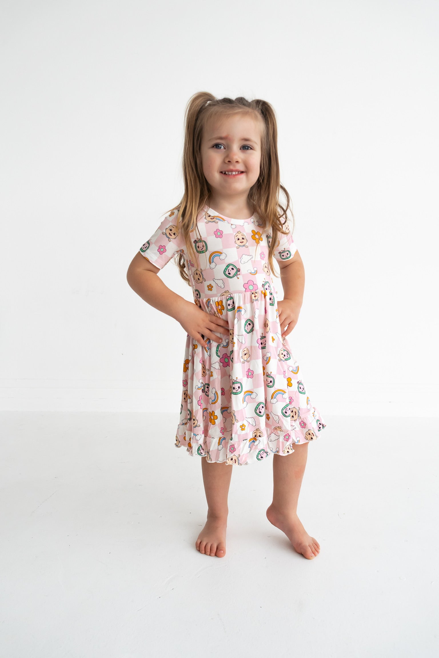 Dream Big Little Co X Cocomelon Jj Rainbow Checkers Short Sleeve Dream Ruffle Dress