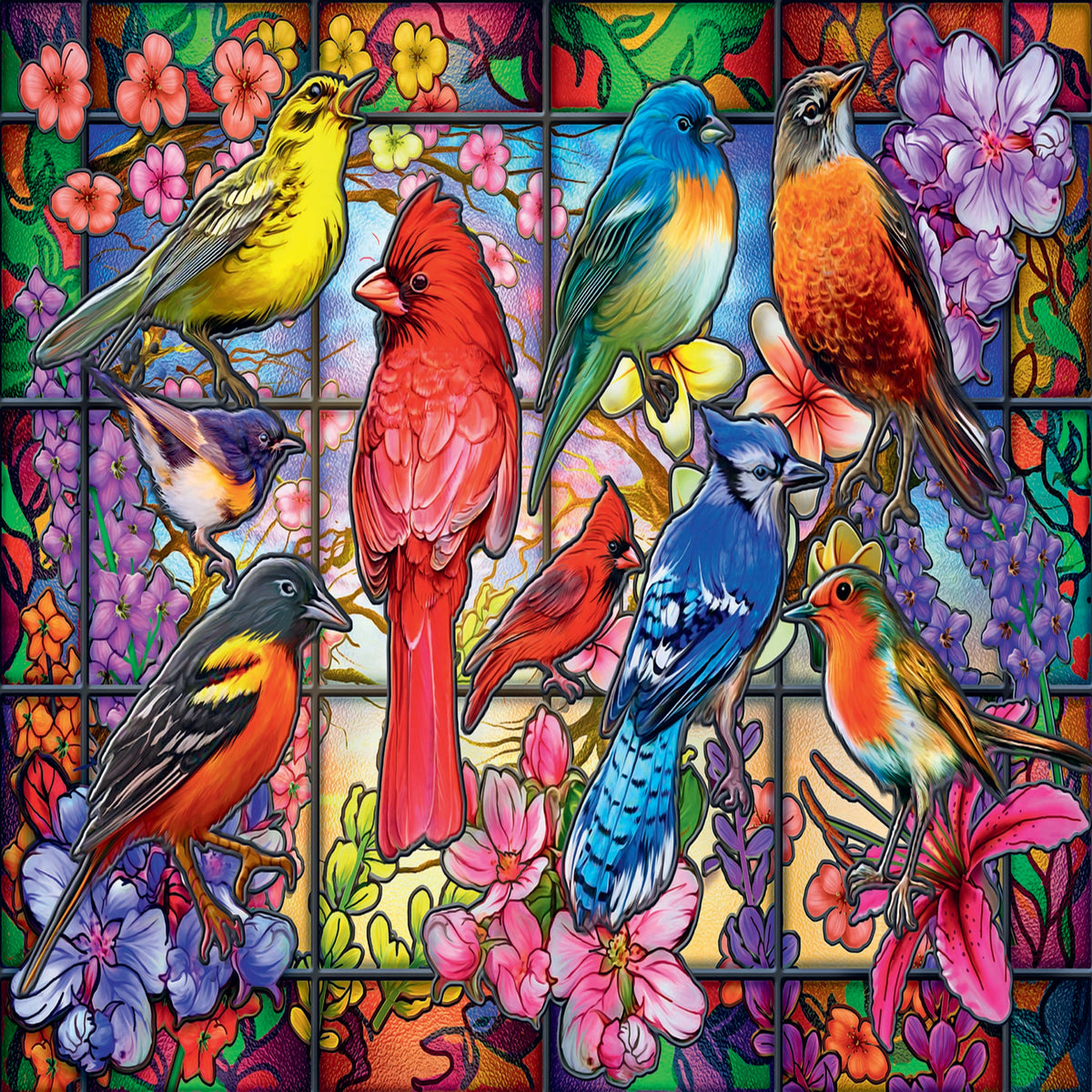 Red Stained Glass Birds 1000 Piece Puzzle