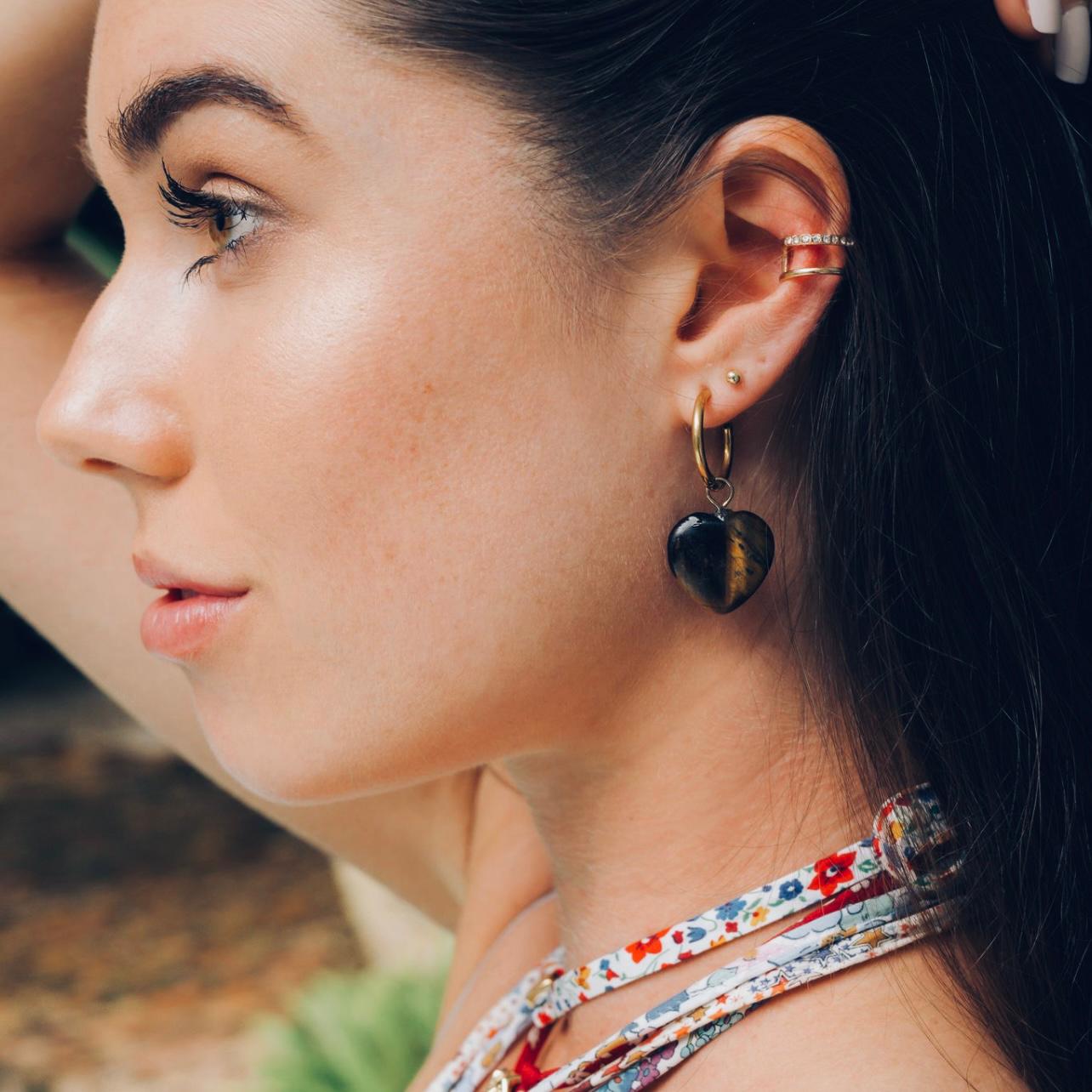 Tiger Eye Heart Hoop Earrings