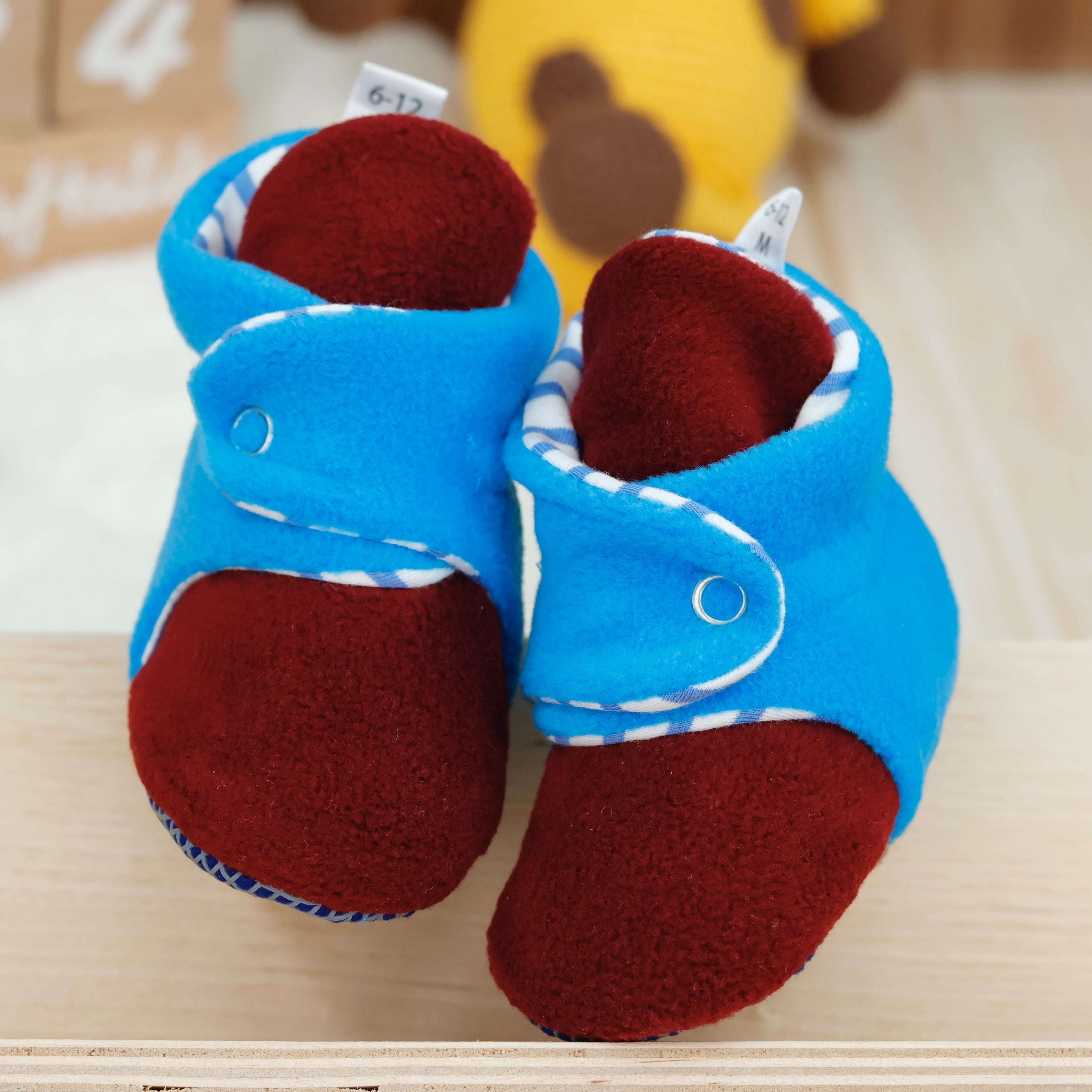 Anti-slip Sole, Fleece Baby Booties, Newborn Home Booties, Sweat Proof Organic Cotton Lining, Burgundy Blue