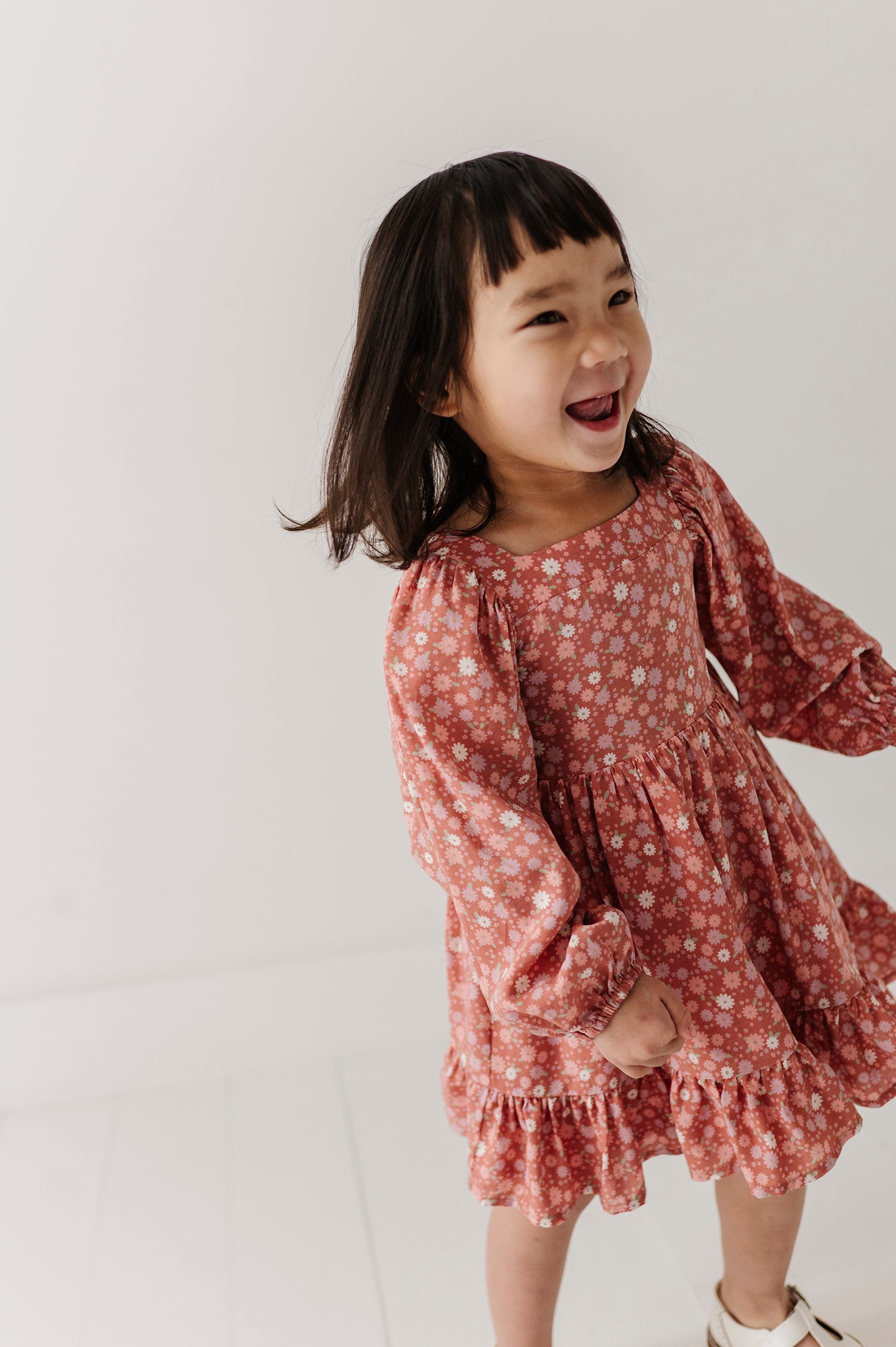 Girls Long Sleeve Viscose Dress In Tiny Petals