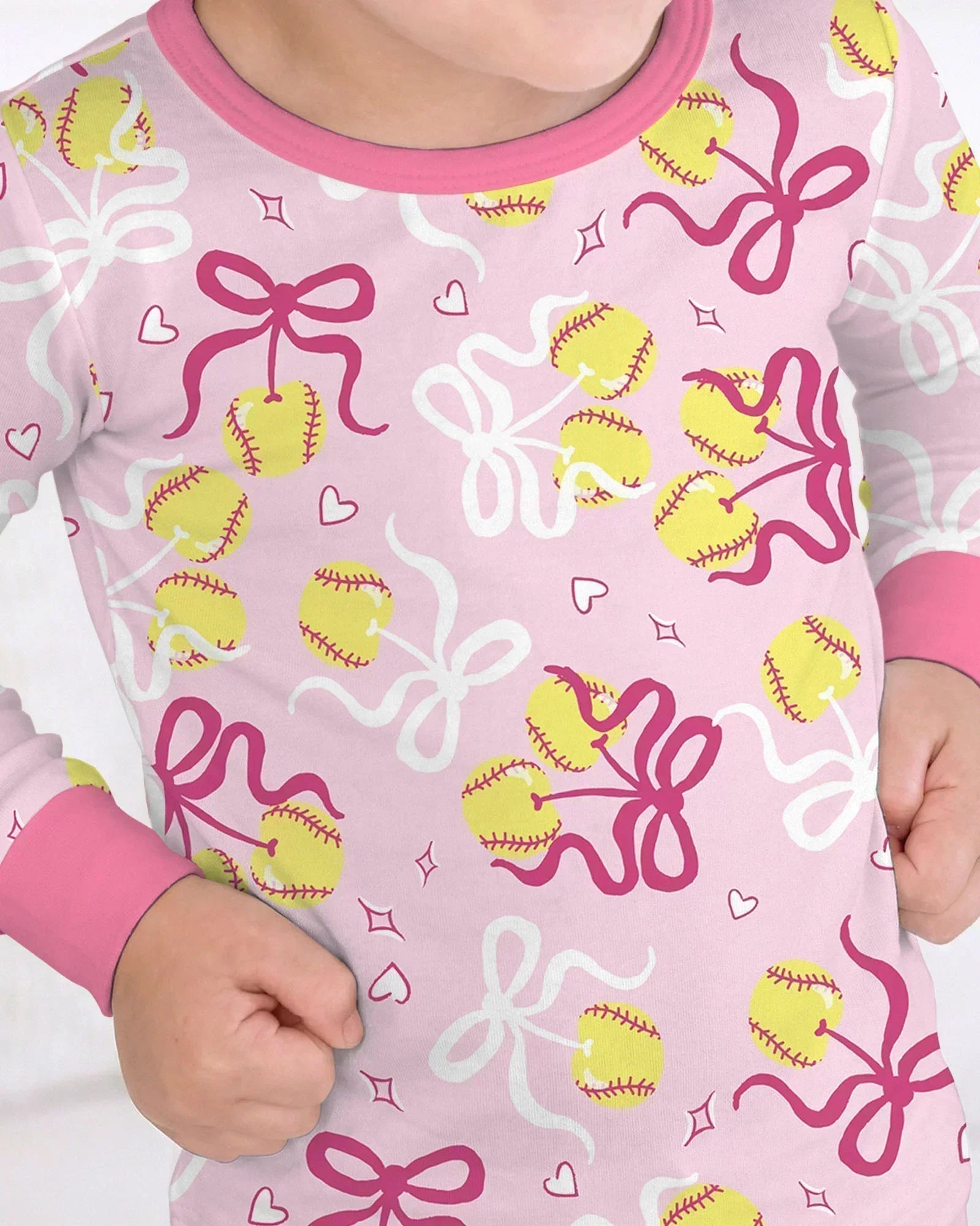 Softball Cherry Mom And Girl Matching Bamboo Two Piece Long Sleeve Pajama Set