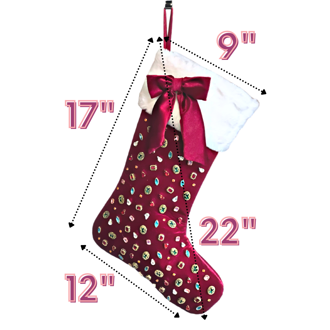 Berry Velvet Christmas Stocking With Crystals And Bow