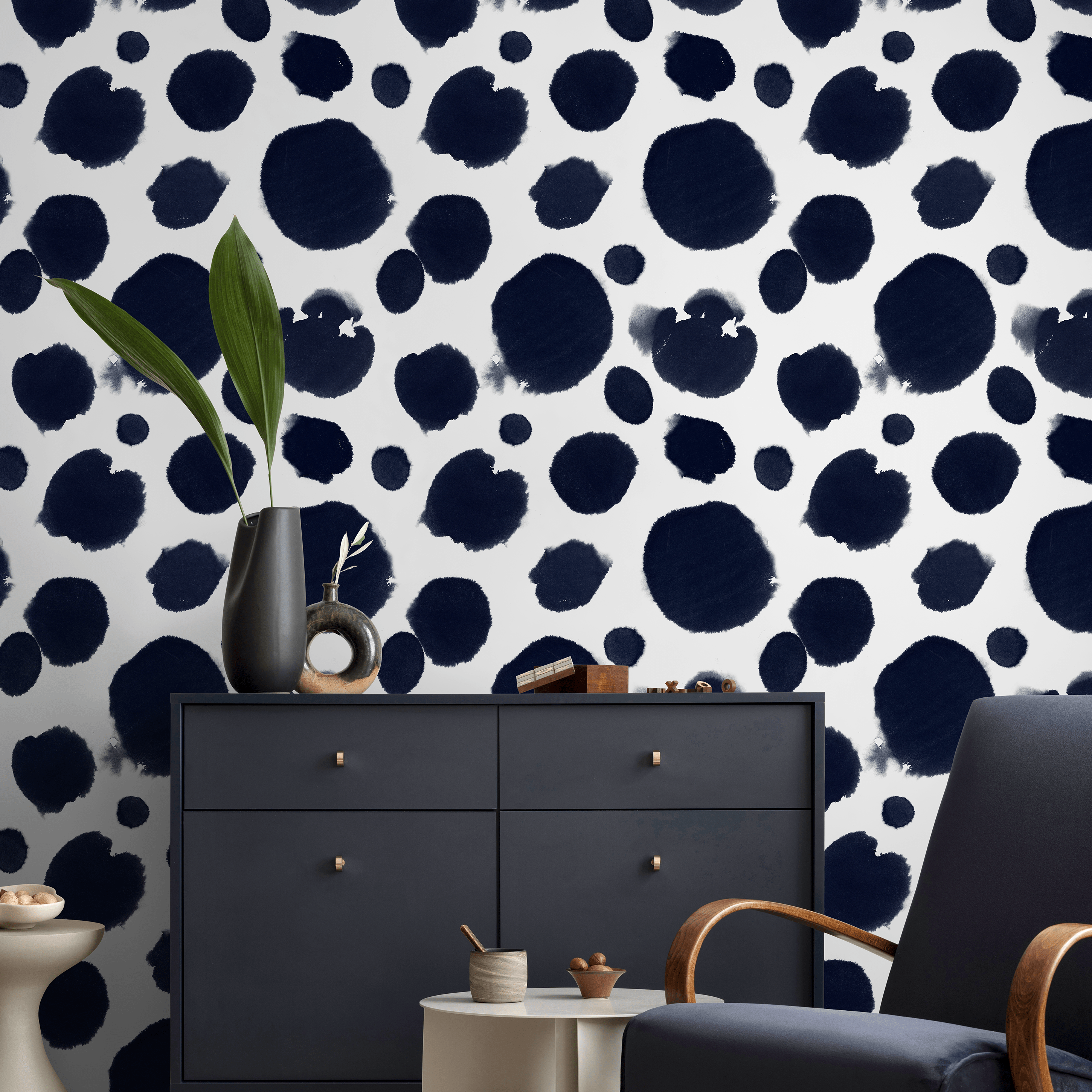 Abstract Wallpaper Featuring Organic Watercolor Spots In Navy Blue - A012