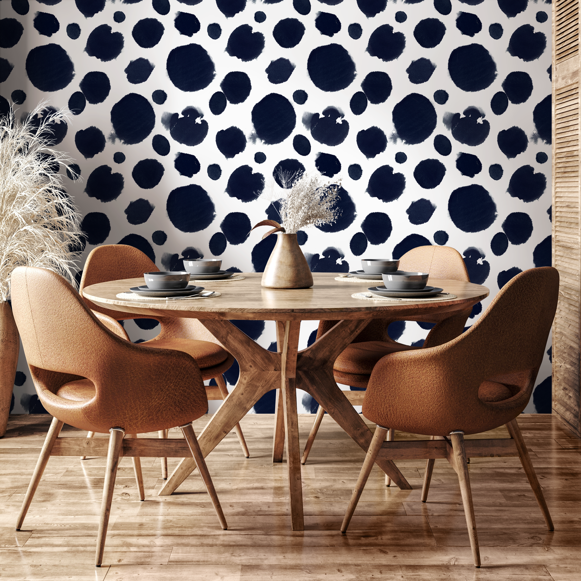 Abstract Wallpaper Featuring Organic Watercolor Spots In Navy Blue - A012