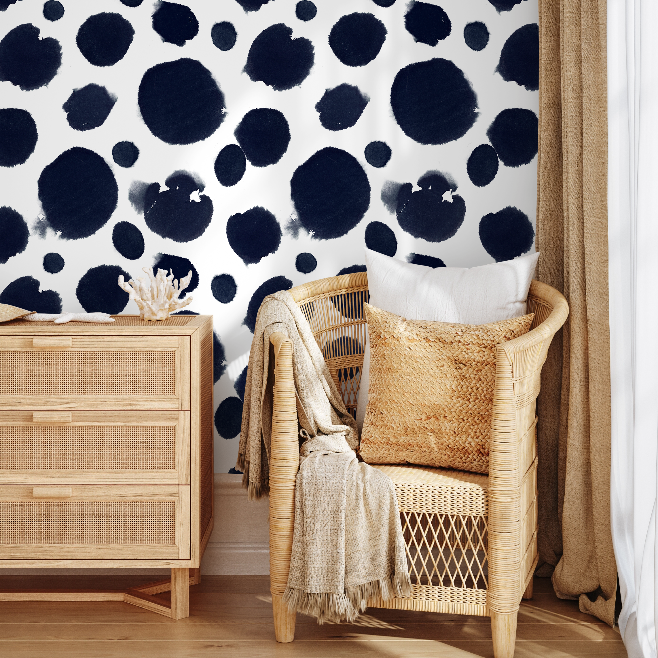 Abstract Wallpaper Featuring Organic Watercolor Spots In Navy Blue - A012