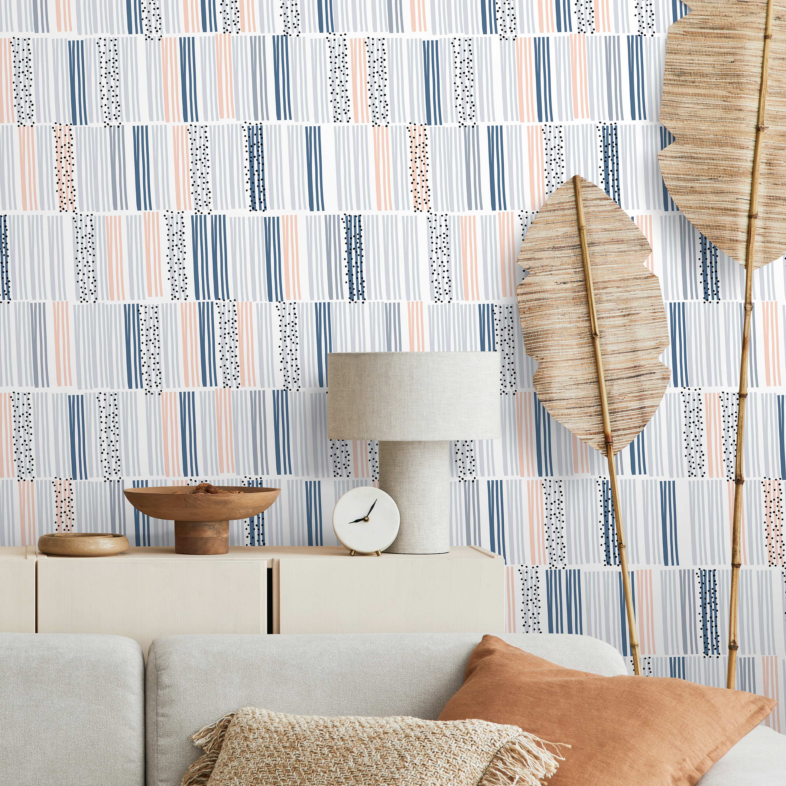 Abstract Wallpaper With Irregular Stripes And Dots In Blue, Gray, And Peach - A025