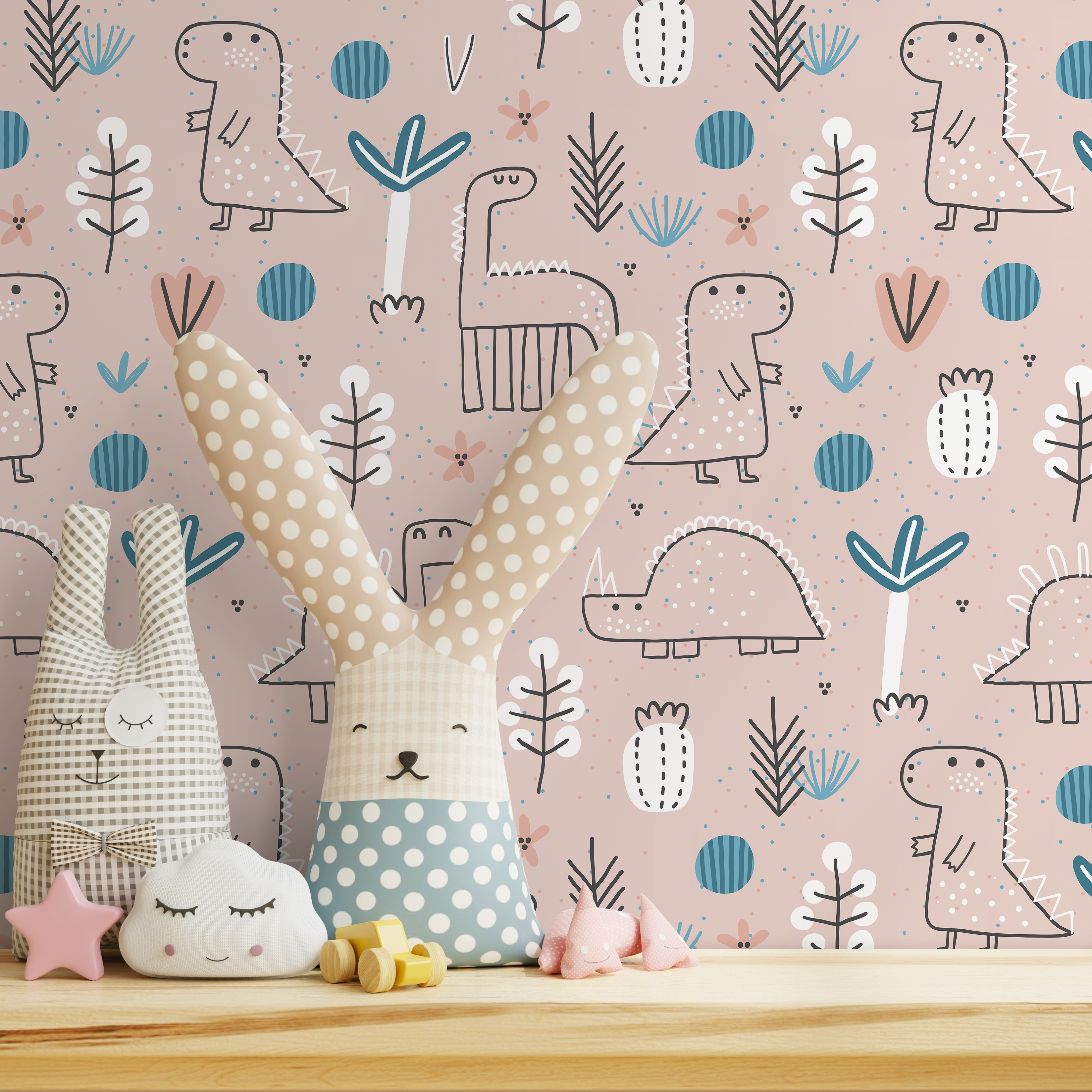 Dinosaur Wallpaper With Hand-drawn Dinos And Plants In Pink, Blue, And Black - A026