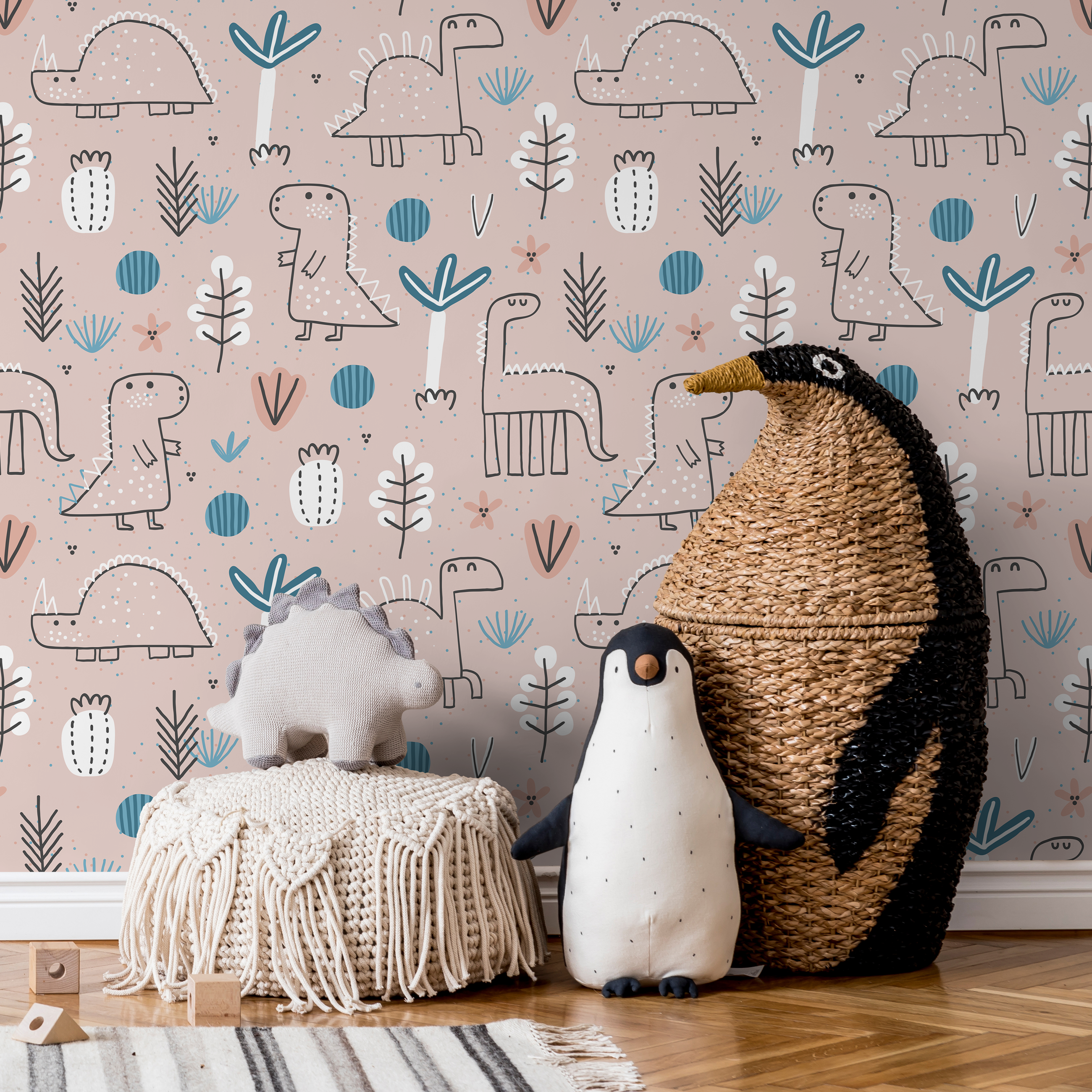 Dinosaur Wallpaper With Hand-drawn Dinos And Plants In Pink, Blue, And Black - A026