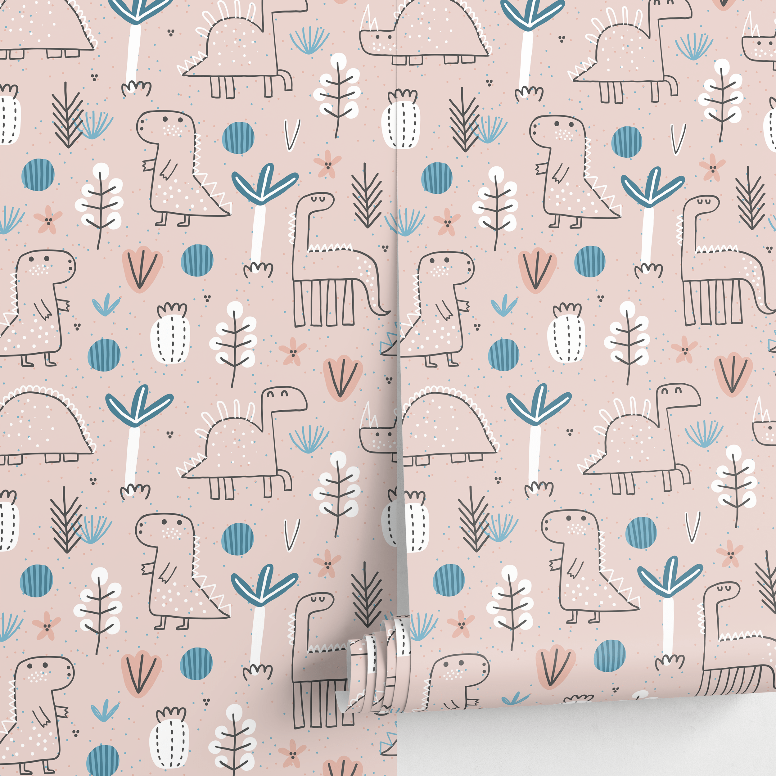Dinosaur Wallpaper With Hand-drawn Dinos And Plants In Pink, Blue, And Black - A026