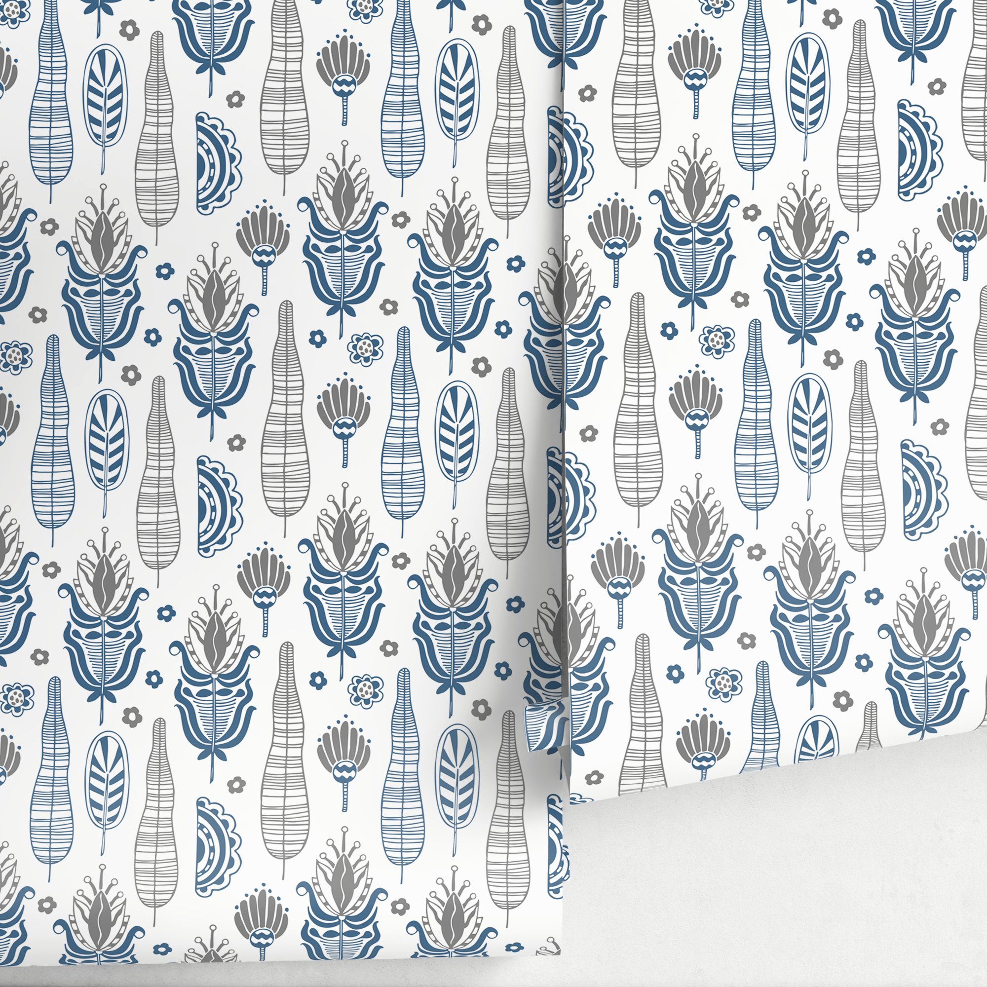 Folk Art Wallpaper With Stylized Floral Motifs In Blue And Gray - A031