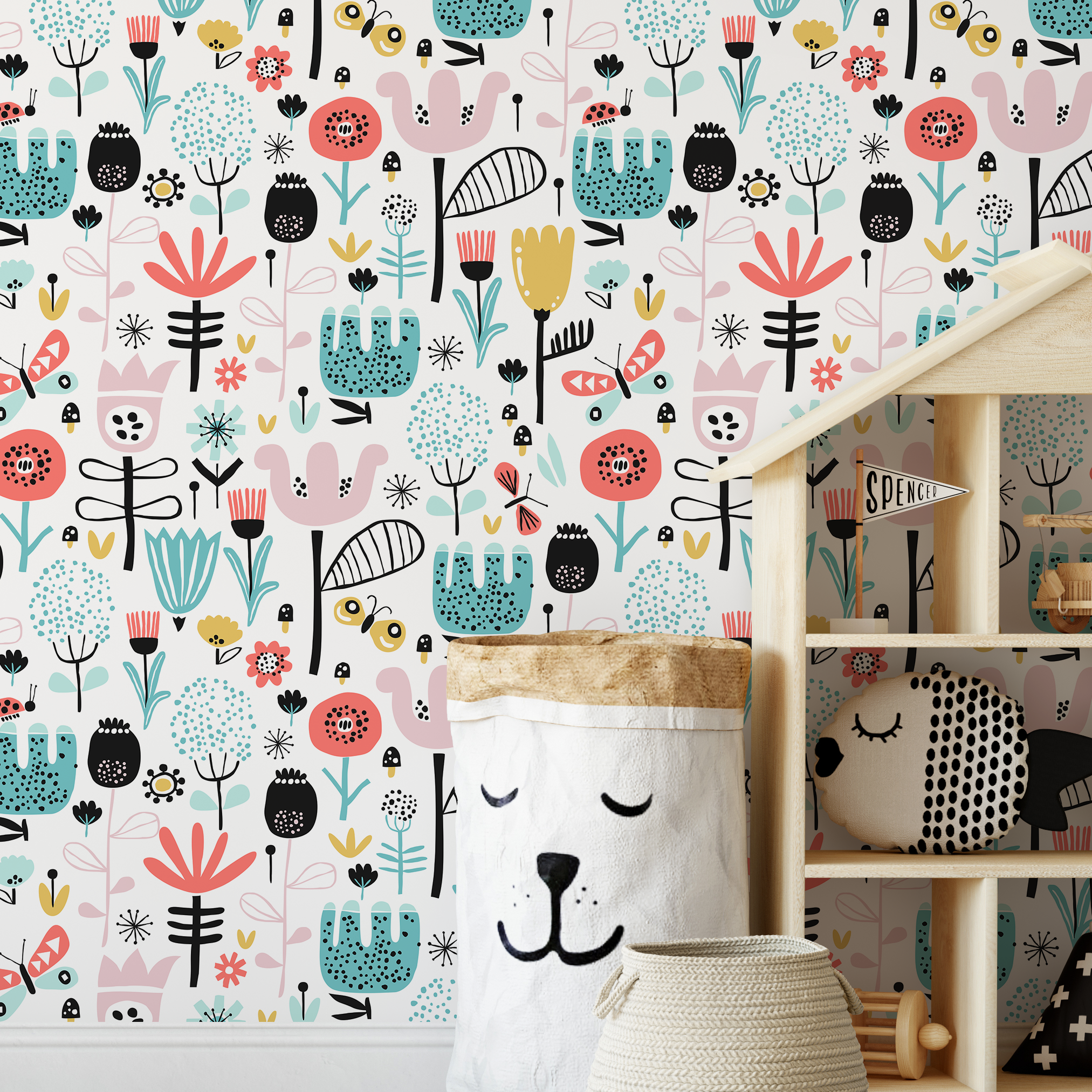 Scandinavian Wallpaper With Folk Art Flowers In Teal, Coral, And Yellow - A038